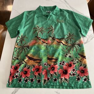 On Shore Hawaiian Shirt Mens L Short Sleeve Tropical Palm Tree Green Las Vegas
